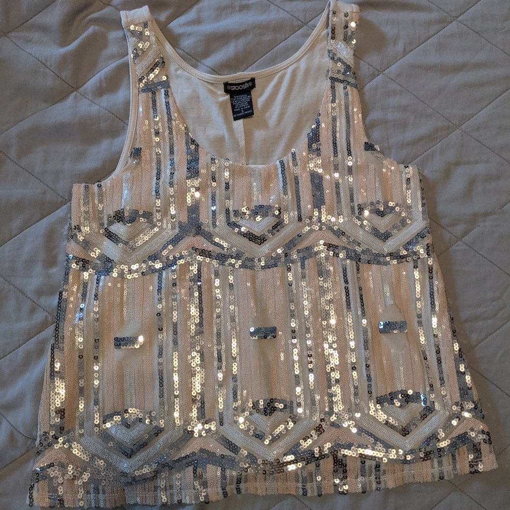 NWT Stoosh Macy's Cream and Silver Sequin Top